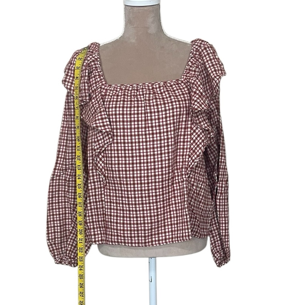 J. Crew Dusty Ivory Brick Red Flannel Gingham Blouse with Ruffle Detail - Picture 7 of 12